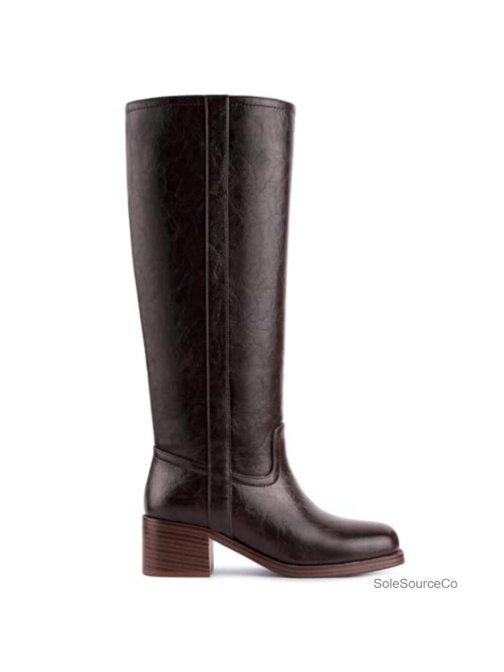 Faux Leather Knee High Boots Square Toe Block Heel Pull On Wide Calf